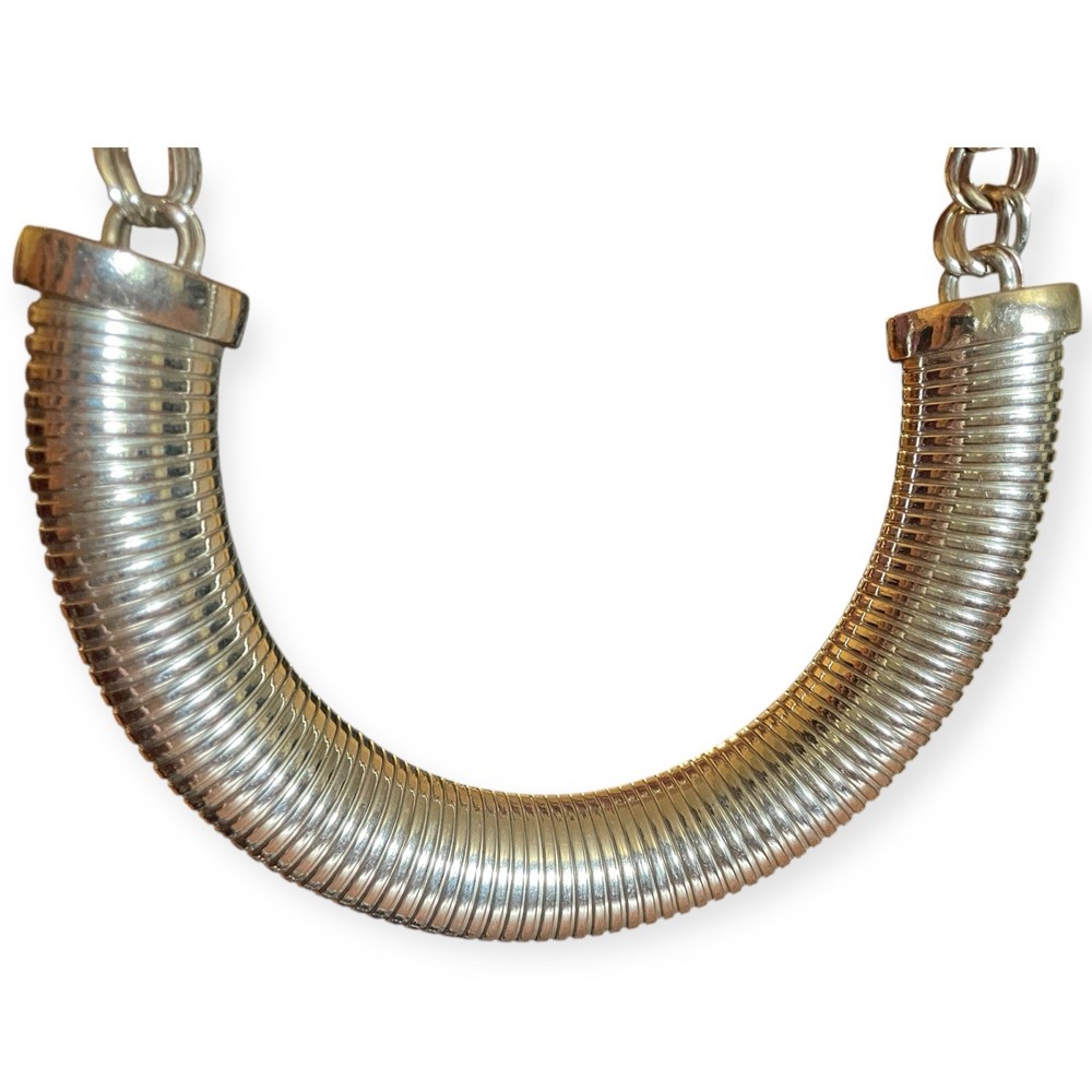 MIKA Signed Silver Tone Statement Collar Necklace 19” Ribbed Modern Chunky Arc
