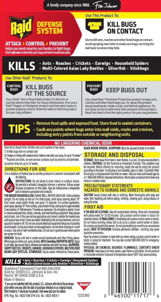 Raid Ant & Roach Killer 26, Fragrance Free Bug Killer for Home Use, Kills Bugs o