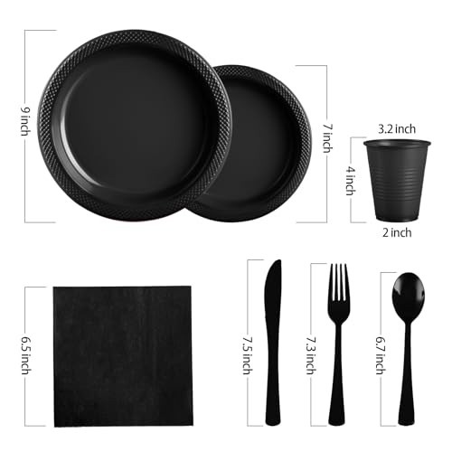 Plastic Plates,Disposable Plates Set,Disposable Plastic Dinnerware Serve Black
