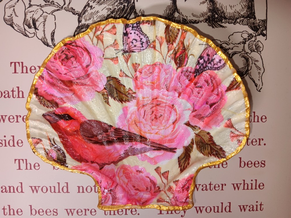 Handmade Shell Trinket Dish With Cardinal And Flowers