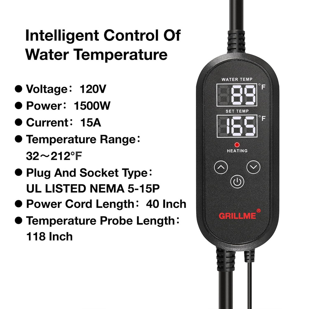 GRILLME 1500W Immersion Water Heater with Intelligent Temperature Controller,Ful