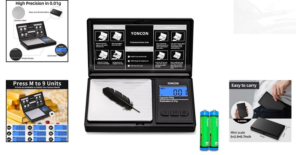 Compact 500g Digital Gram Scale with Tare Function - Accurate for Gems & Spices