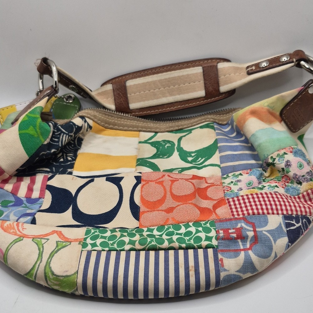 Coach Patchwork Multicolor Shoulder Bag Silver Hardware Inner Pockets Charm