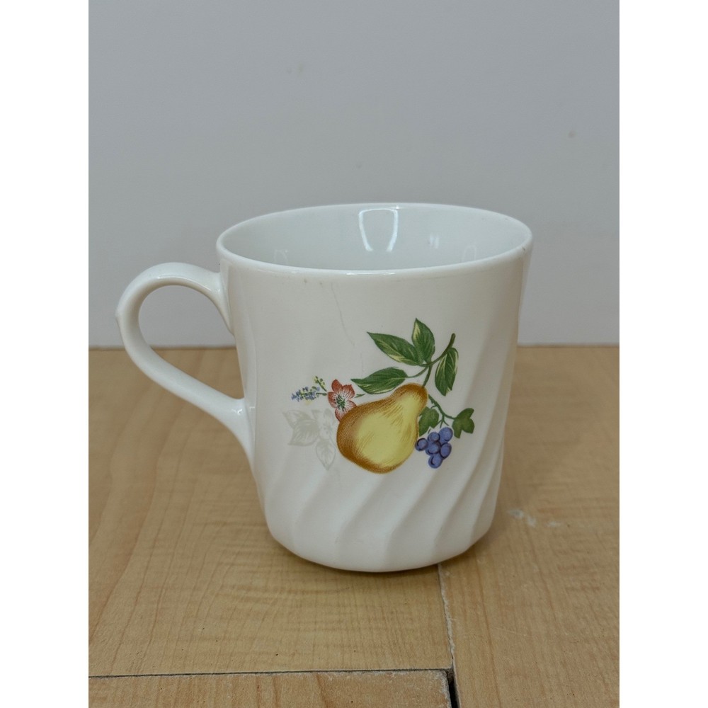 Corelle Coordinates Stoneware Coffee Mug White Swirl Fruit Pear Apple Grapes