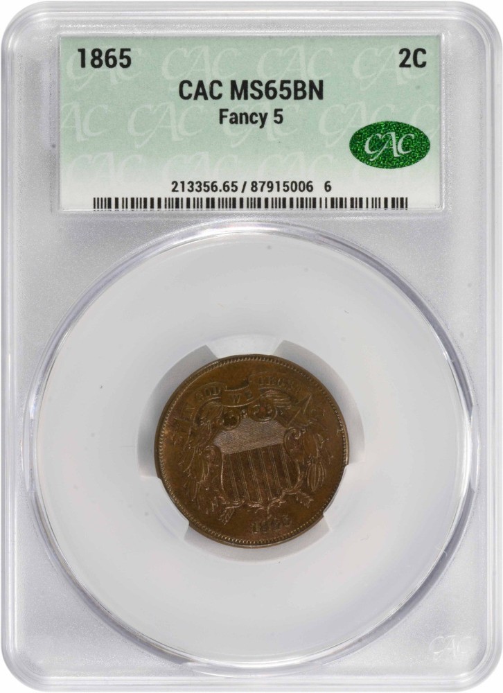 1865 Two Cent Piece Fancy 5 MS65BN CACG