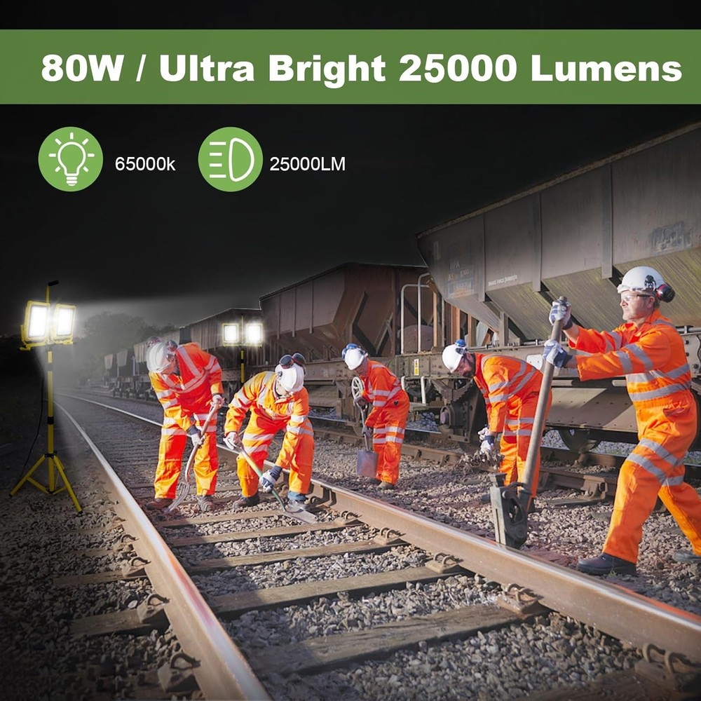 25000 Lumen Work Lights with Stand, Dual Head LED Work Light with USB & Socket,