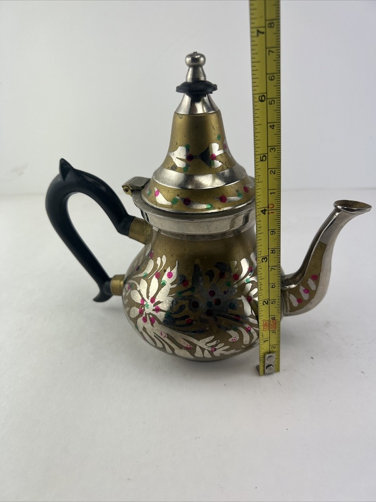 Vintage Ornate Small Middle Eastern Brass & Silver Tea Pot