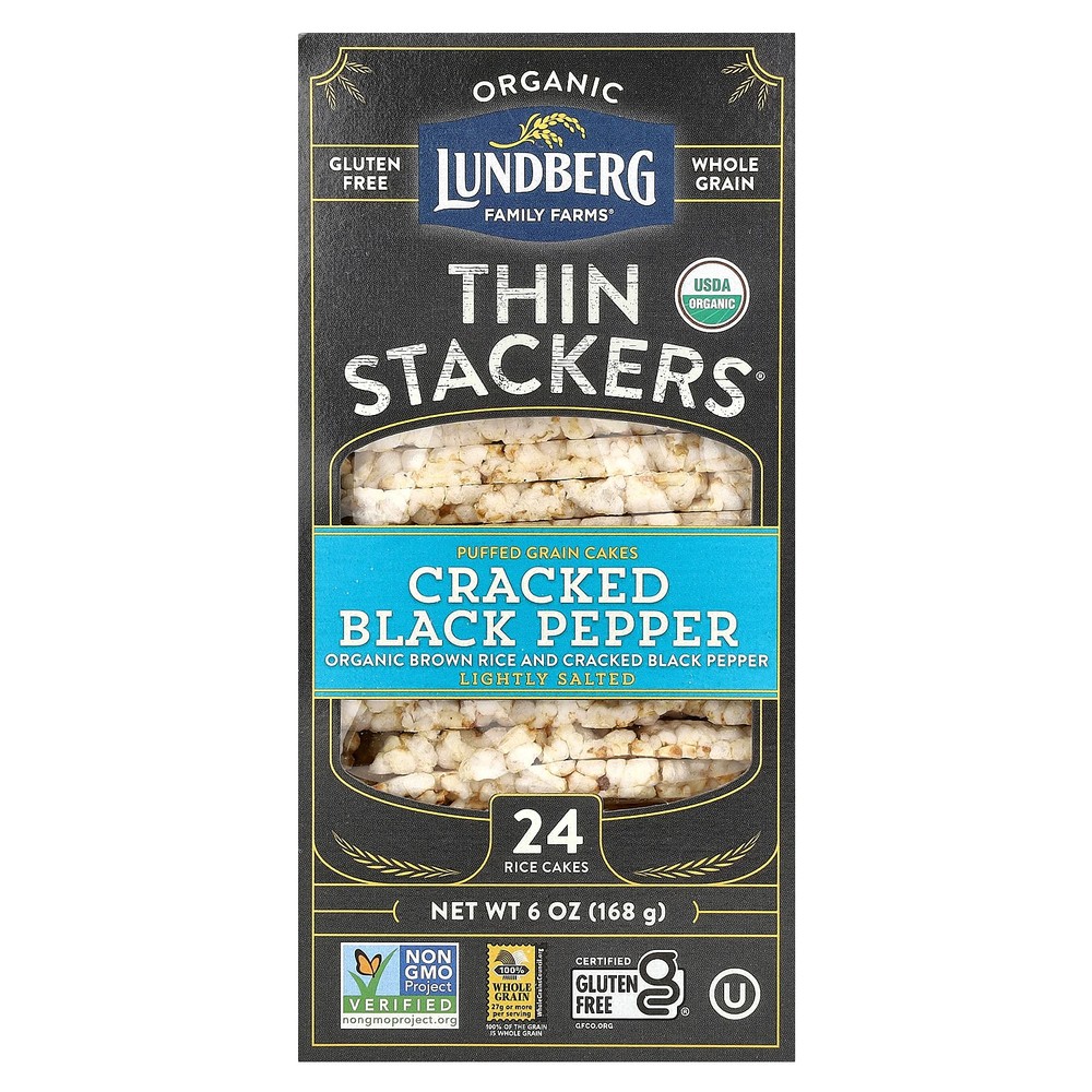 Organic Thin Stackers, Puffed Grain Cakes, Cracked Black Pepper, Lightly Salted,