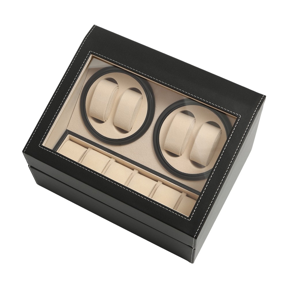 Luxurious 4+6 Automatic Rotation Leather Watch Winder Storage Display Box Black