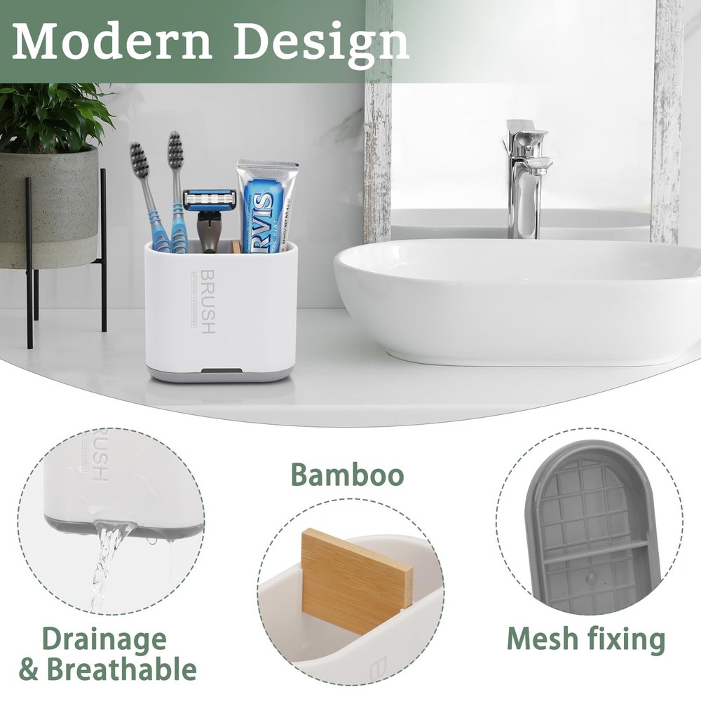 Toothbrush and Toothpaste Holder with Bamboo Divider for Bathroom White