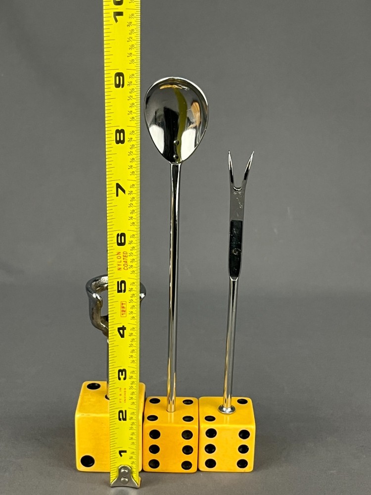 3 pc Mid-Century Bakelite Dice Bar Utensils Corkscrew Spoon & Olive Fork