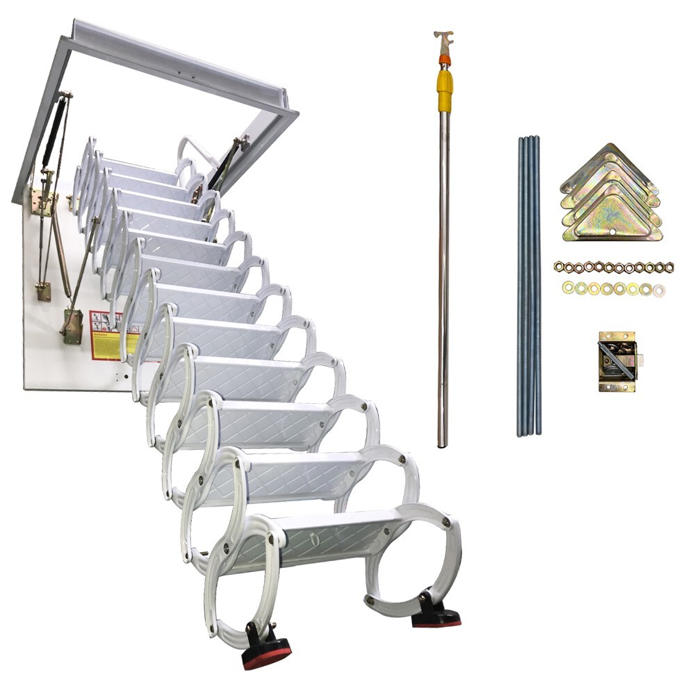 12 Steps Carbon Steel White Attic Pull Down Ceiling Ladder Folding Loft Stairs