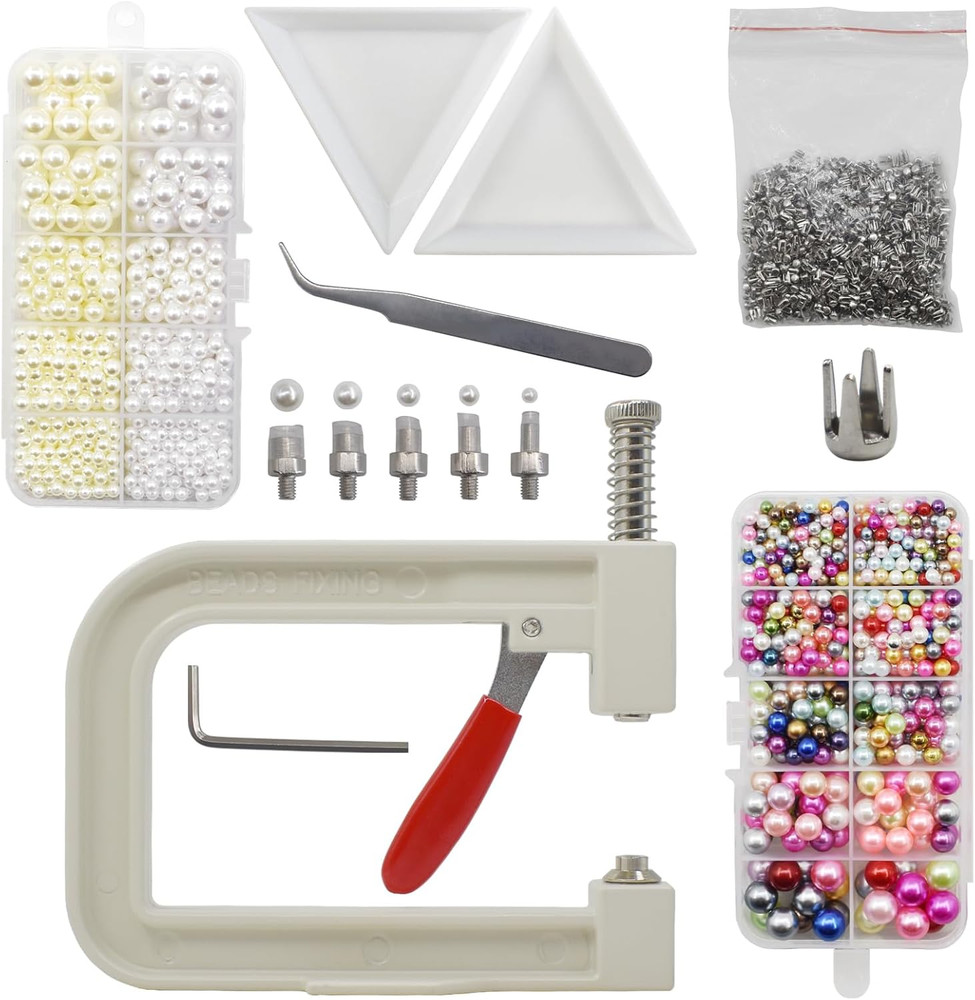 Pearl Setting Tools Hand Press Machine with Colorful Pearl Beads, Rivet Studs an