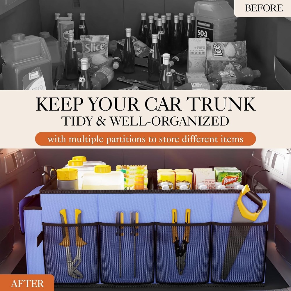 HOTOR Large-Capacity Trunk Organizer - Foldable for SUVs & Medium, Blue