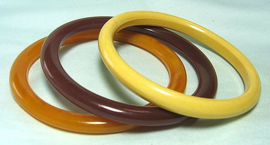 3 Bakelite Bangle Bracelets 1/4” wide 2 1/2” inside diameter