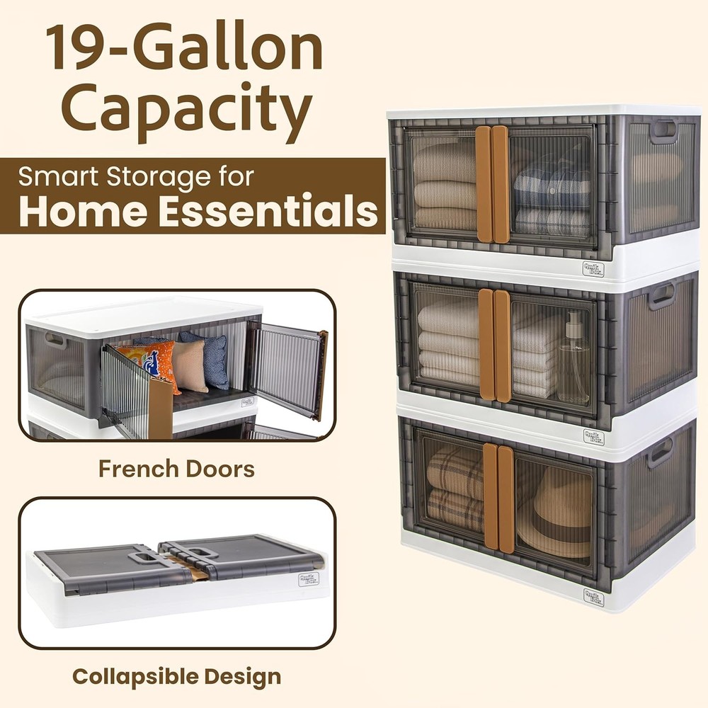 Quik Box 19 Gallon Stackable Storage Bins W/ Doors Collapsible Organizer