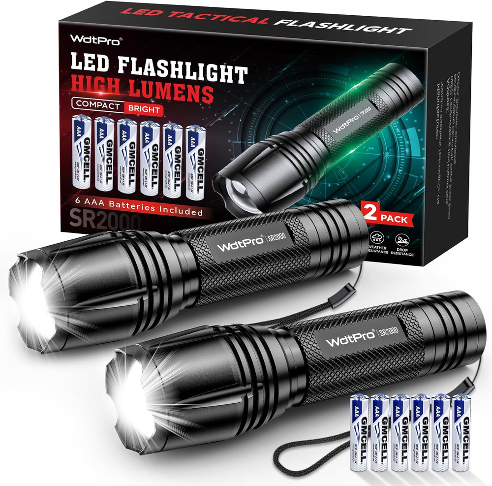 LED Flashlight High Lumens SR2000 Pro - 2 Pack Brighter Tactical Flashlights wit