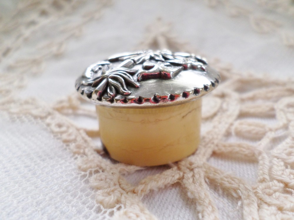 Antique Silver / Silverplate Top Chinese Scene Bone Pill Box