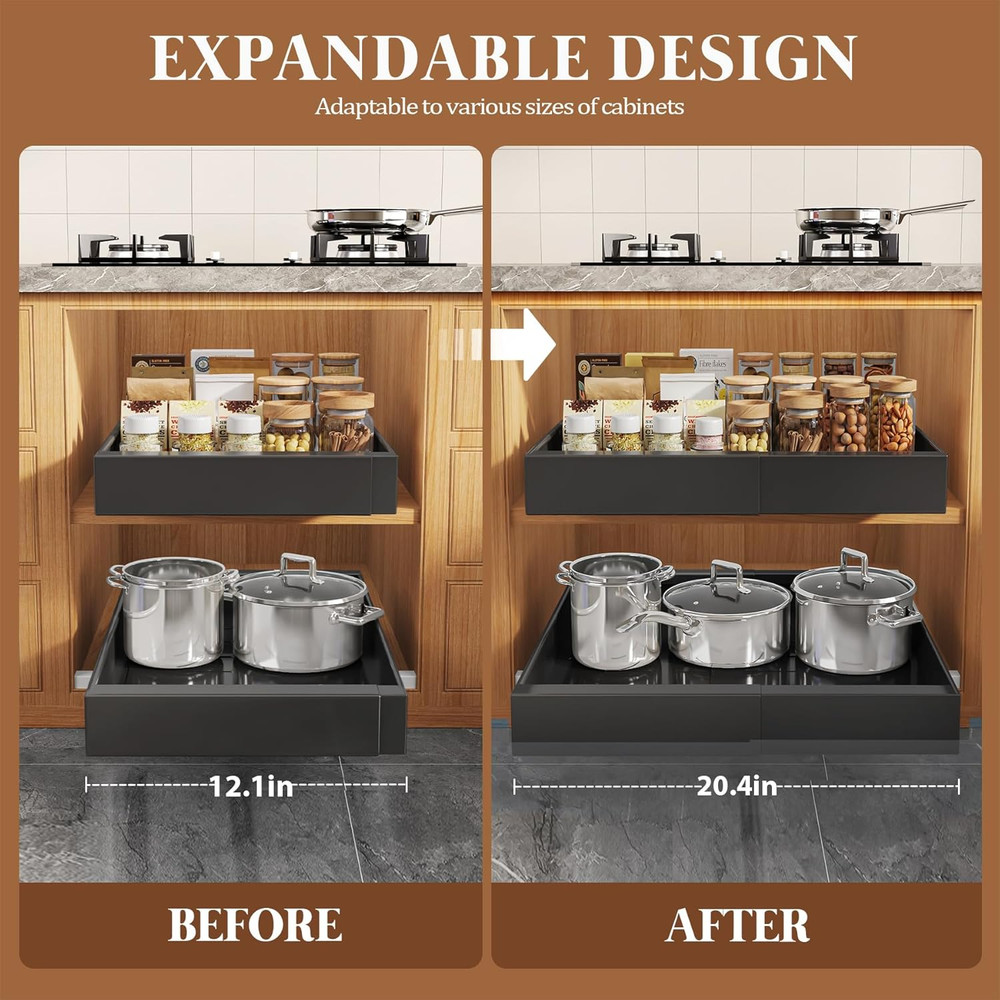 2 Pack 21" Deep Pull Out Cabinet Organizer Expandable（Width 15.1"-26.3"） White+4