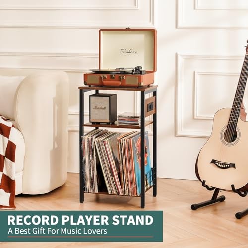 Record Player Stand, 3-Tier White Side Table with Charging Berry Brown