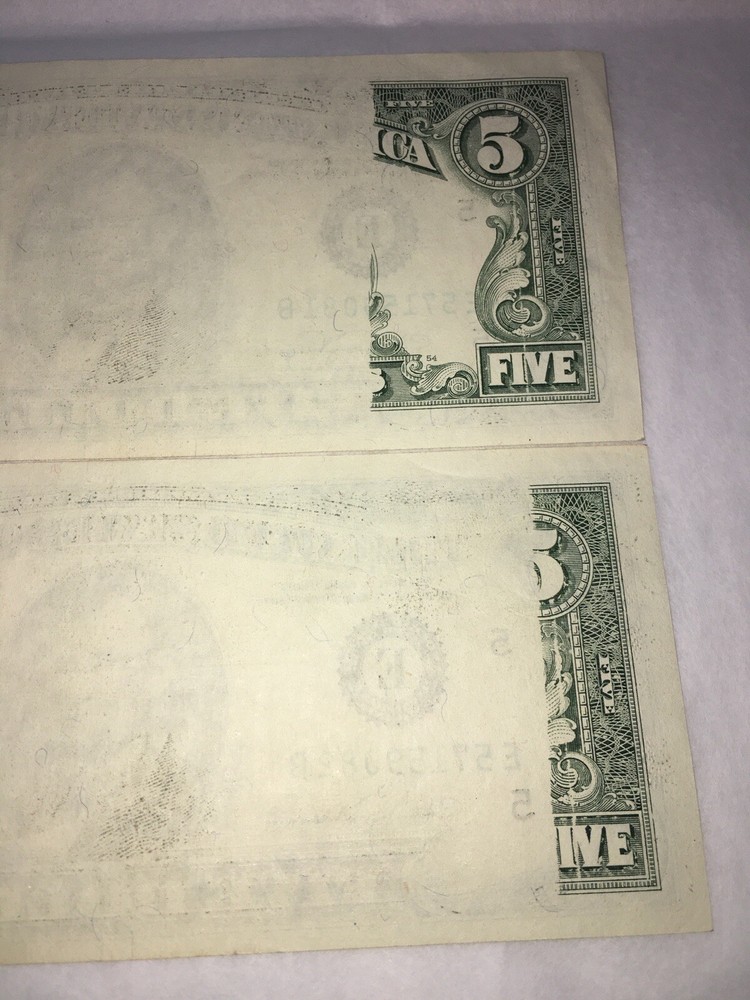 2 Consecutive 1988A $5 FRN's - Both w/ Major Obstructed Printing Error Reverse