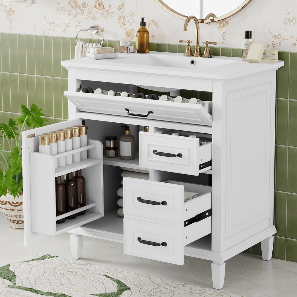 30" White Bathroom Vanity with Ceramic Sink and Solid Wood Cabinet