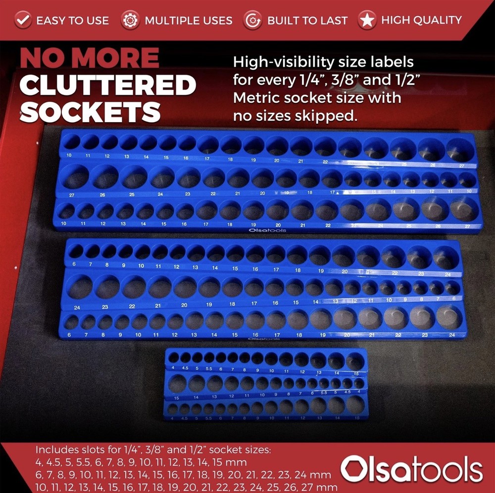 Olsa Tools 3-Row Magnetic Socket Organizer Patented 3pc Holder Kit Blue