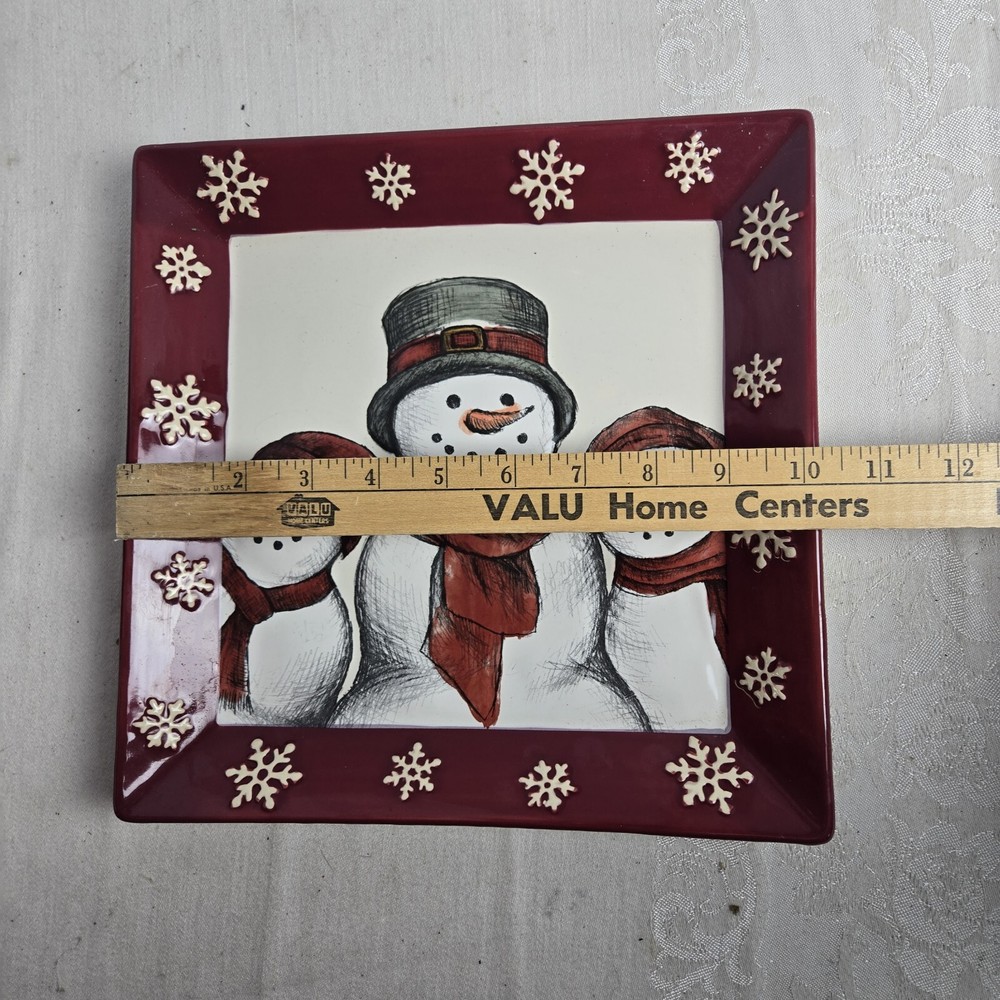 Yuletide Plate Embossed 3D Snowmen 10.5" Square Pre-owned