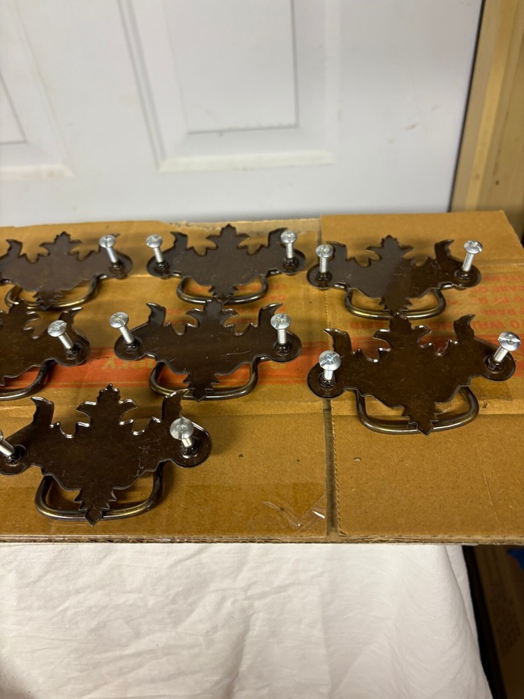 Vintage 9- Drop Pull Cabinet Drawer Hardware Pulls Leaf Brass Bronze Used