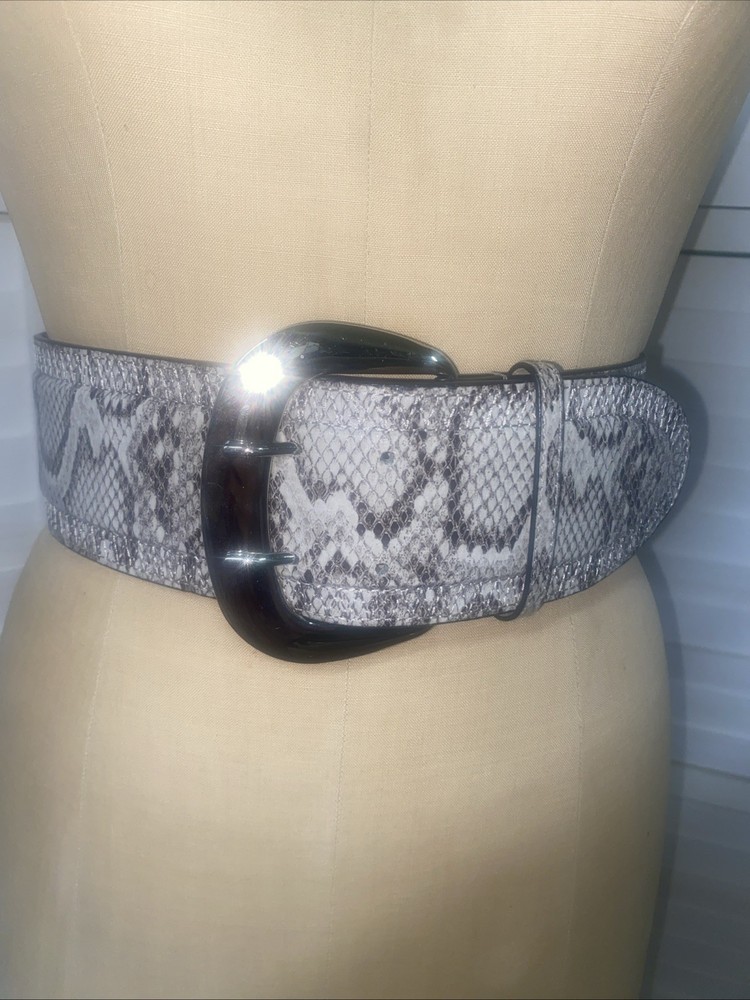 Python Snake Skin Leather Belt Stretch Back 3” Wide Silver Tone Double Buckle M