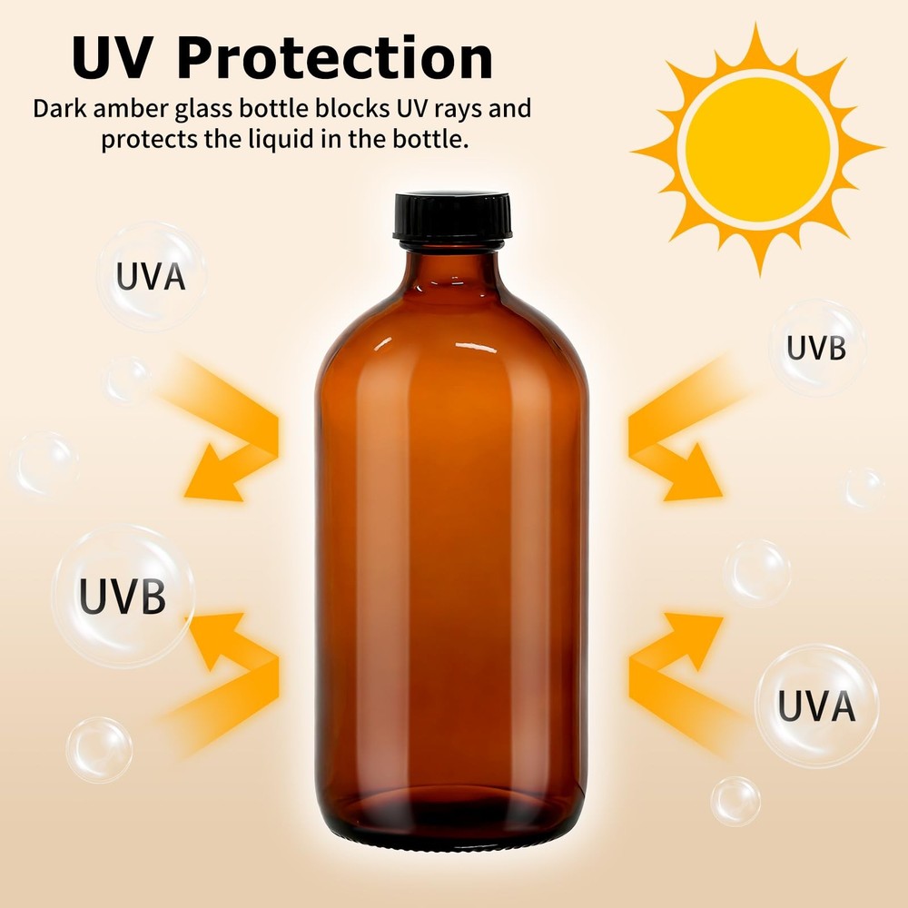 15 Pack 16 oz Amber Glass Boston Round Bottles with Phenolic Polycone Caps – ...