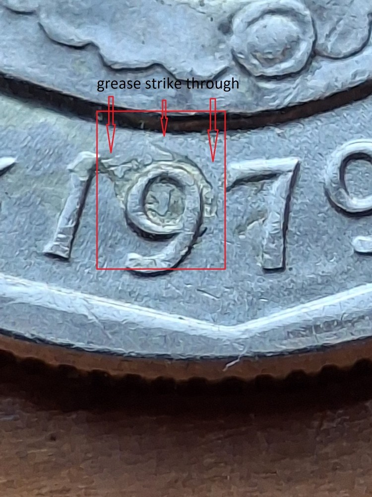 1979P Susan B. Anthony Dollar Obverse & Reverse Dual Grease Strike Through Error