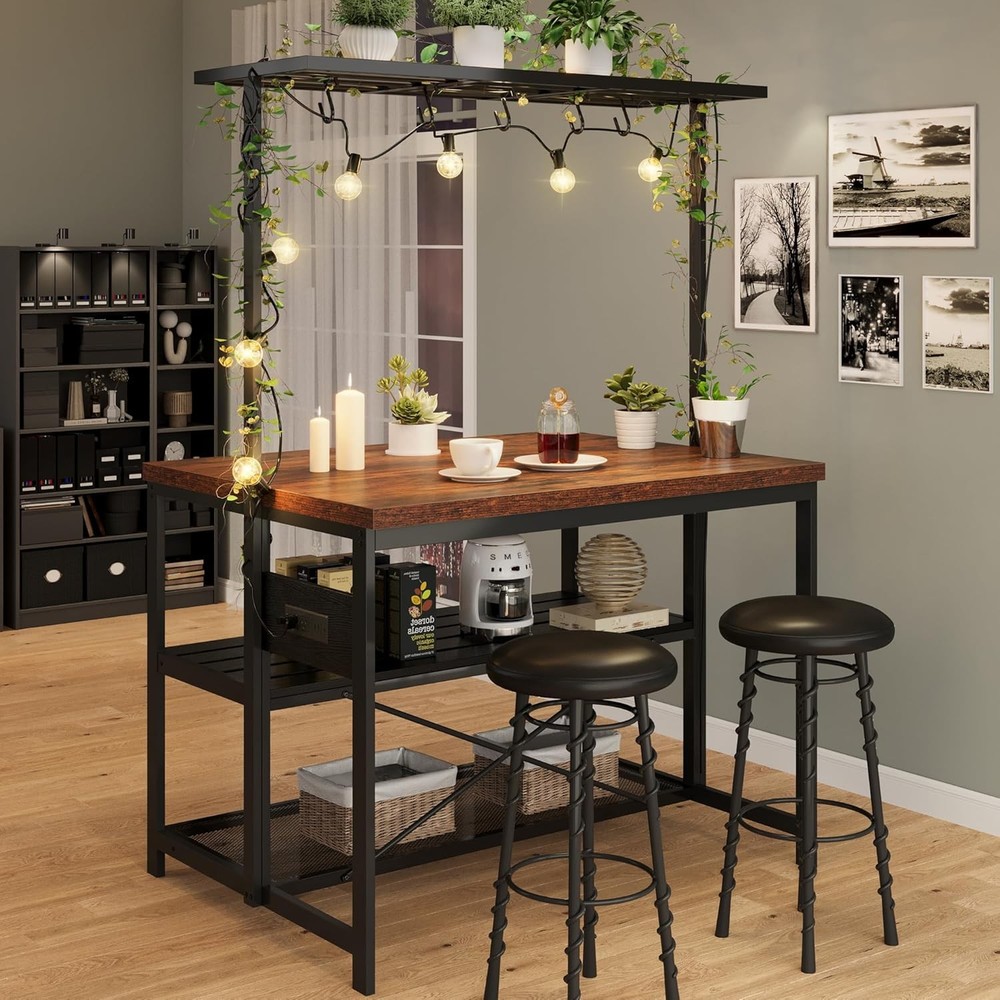 Industrial Kitchen Island All-in-1, 47" W/ Outlet, Microwave Shelf & Coffee Bar