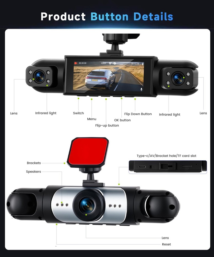 4 Channel 360° Dash Camera Front and Rear Inside Left Right, 3.16 Inch Dash C...