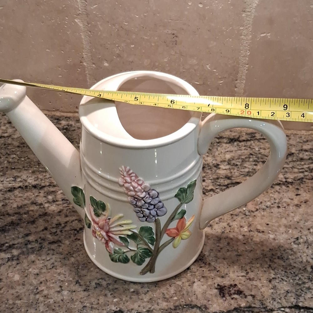 Ceramic Decorative Watering Can Floral Design White Multicolor