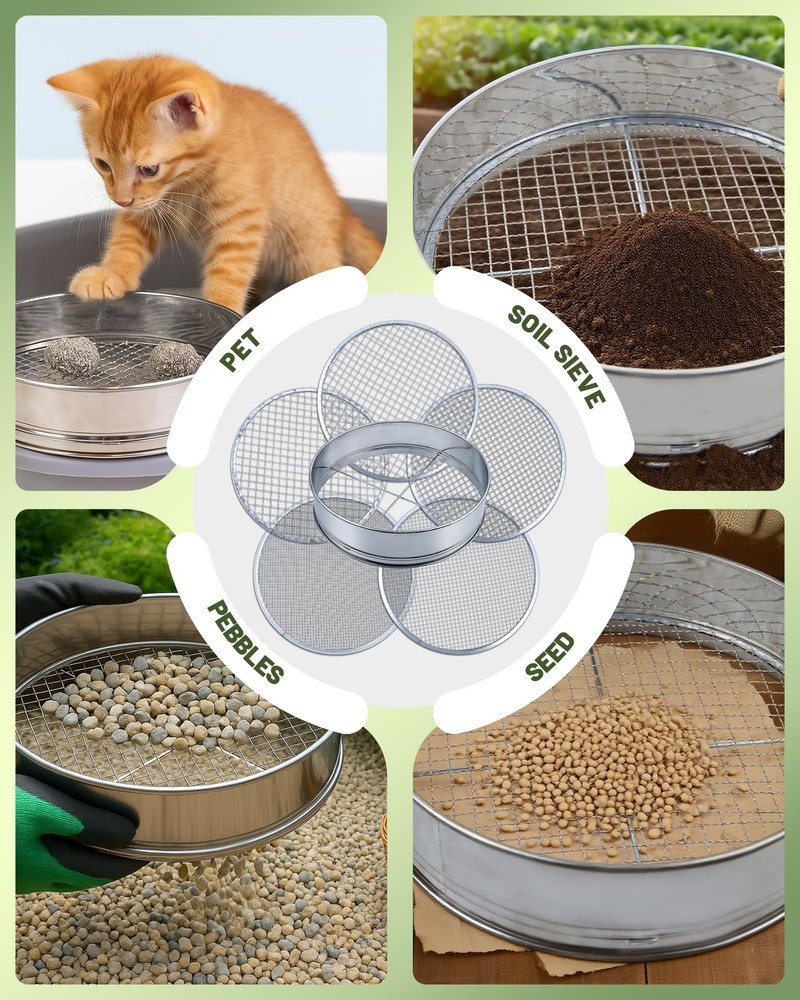 HIPULX 5in1 Soil Sifter Set with 5 Replaceable Stainless Steel Mesh Screen & ...