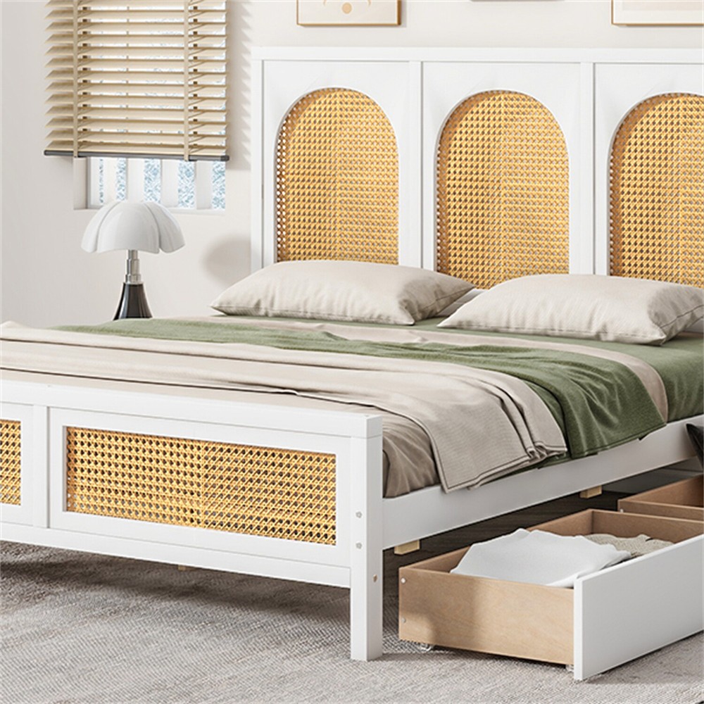 Full Size Bed Frame Wood Platform Bed Frame with Headboard & 2 Drawers White