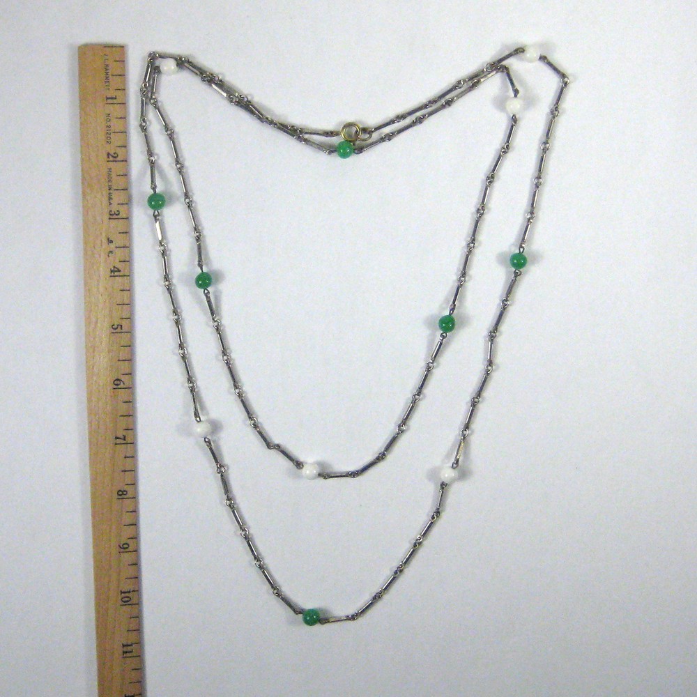 Necklace Silvertone 55 Inch Vintage White Green Beads Unsigned Strand String