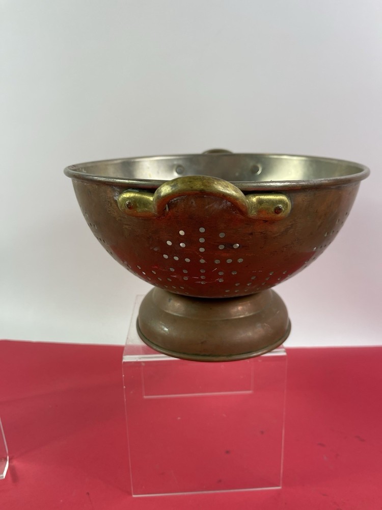 Vintage Copper 9" Colander Strainer Bowl Brass Handles