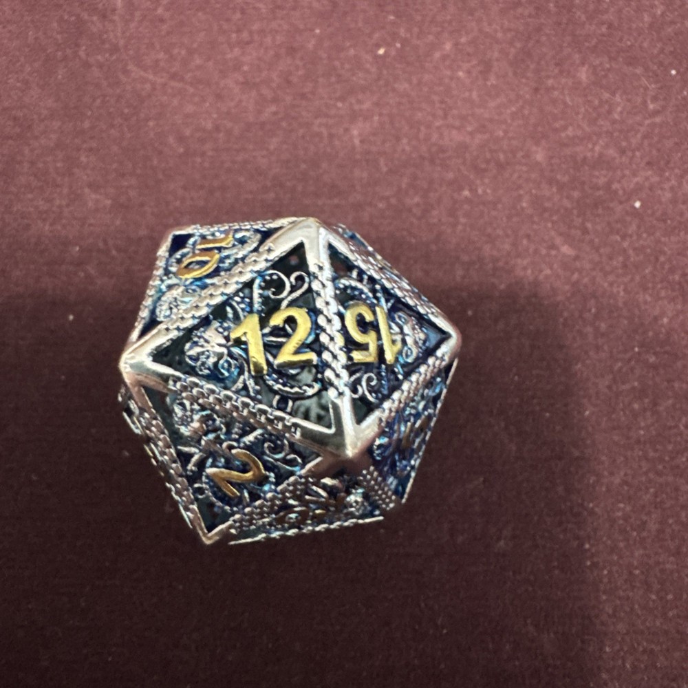 Silver & Blue Octopus Hollow Metal Polyhedral Dice Set - RPG DND E