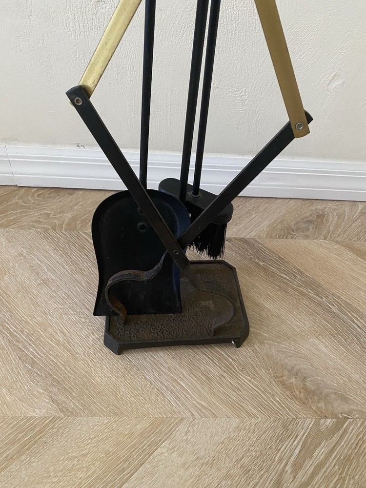 Fireplace Tools Vintage 3 Pc Iron Brass Accent & Stand Decor Unique
