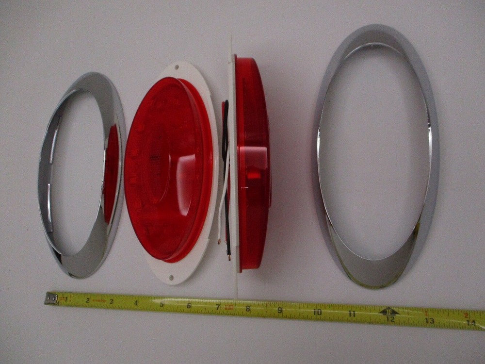 8" Reflex Oval Red LED RV Camper Trailer Turn Brake Tail Lights / Chrome Trim