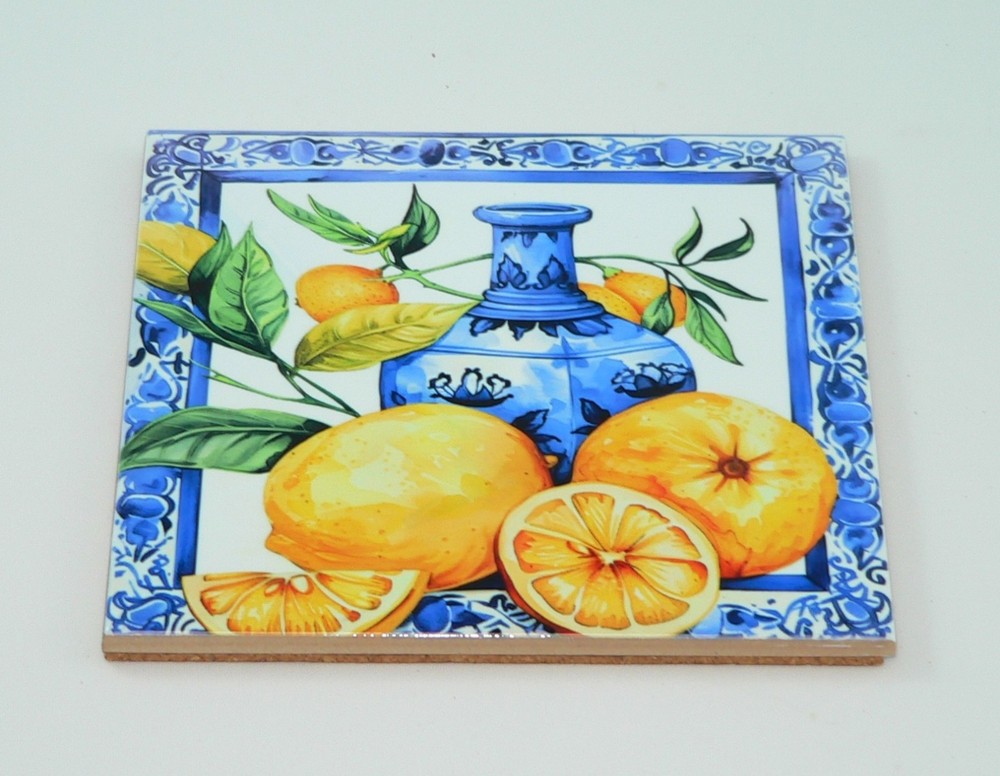 Handmade Mediterranean Lemon Quilted Potholder | 7x7 Kitchen Trivet Decor