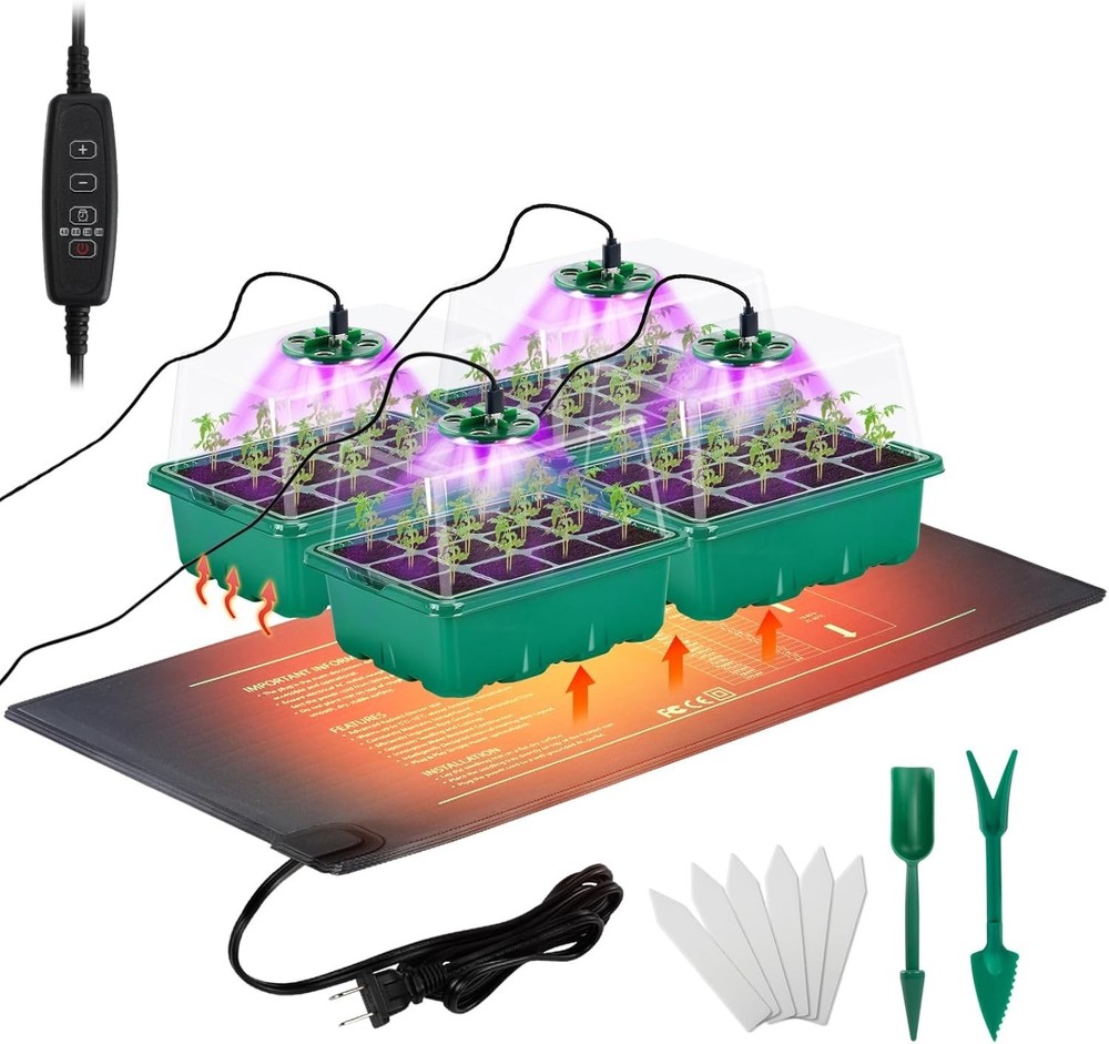 Seed Starter Tray with Grow Light & Heat Mat- 4 Pack 48 Cell Durable Easy Use...