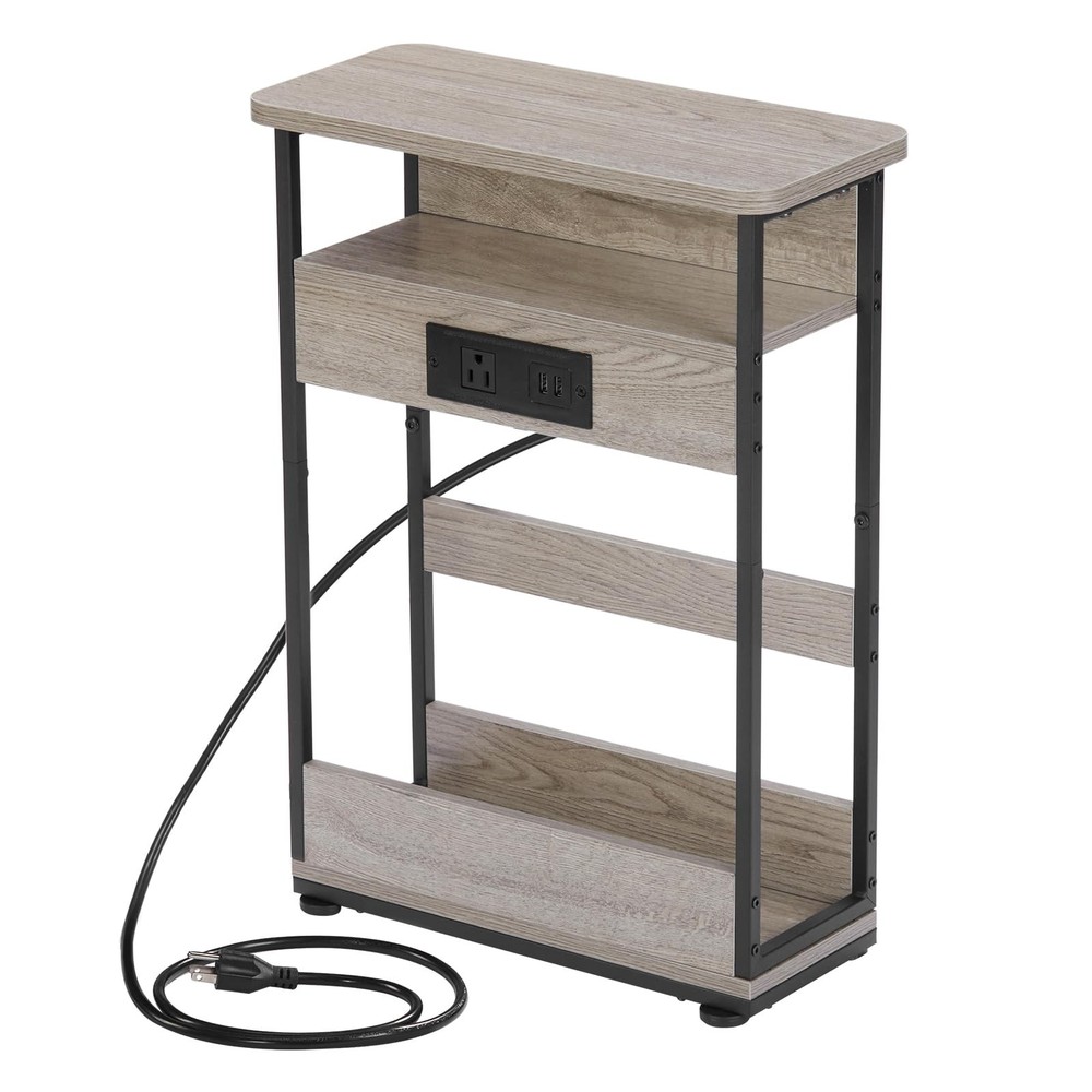 YEAKOO Narrow Side Table with Charging Station, 3-Tier End Table with 2 USB P...