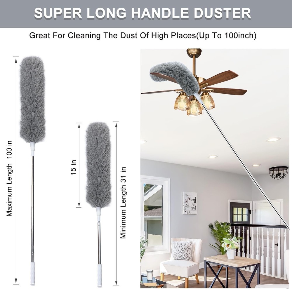 100" Extra-Long Microfiber Feather Duster, Extendable Pole Dusters, Telescoping