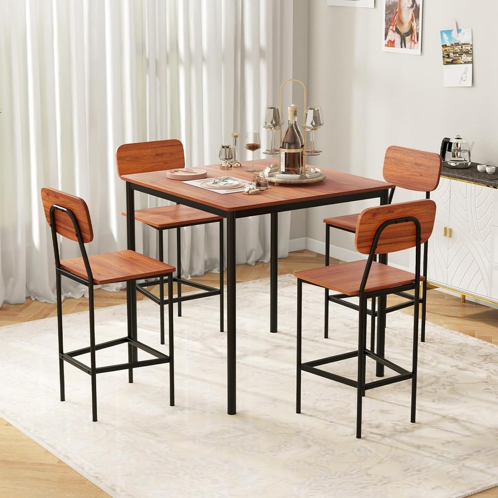 5-Piece Dining Table Set W/Counter Height Table & 4 Bar Stools Industrial