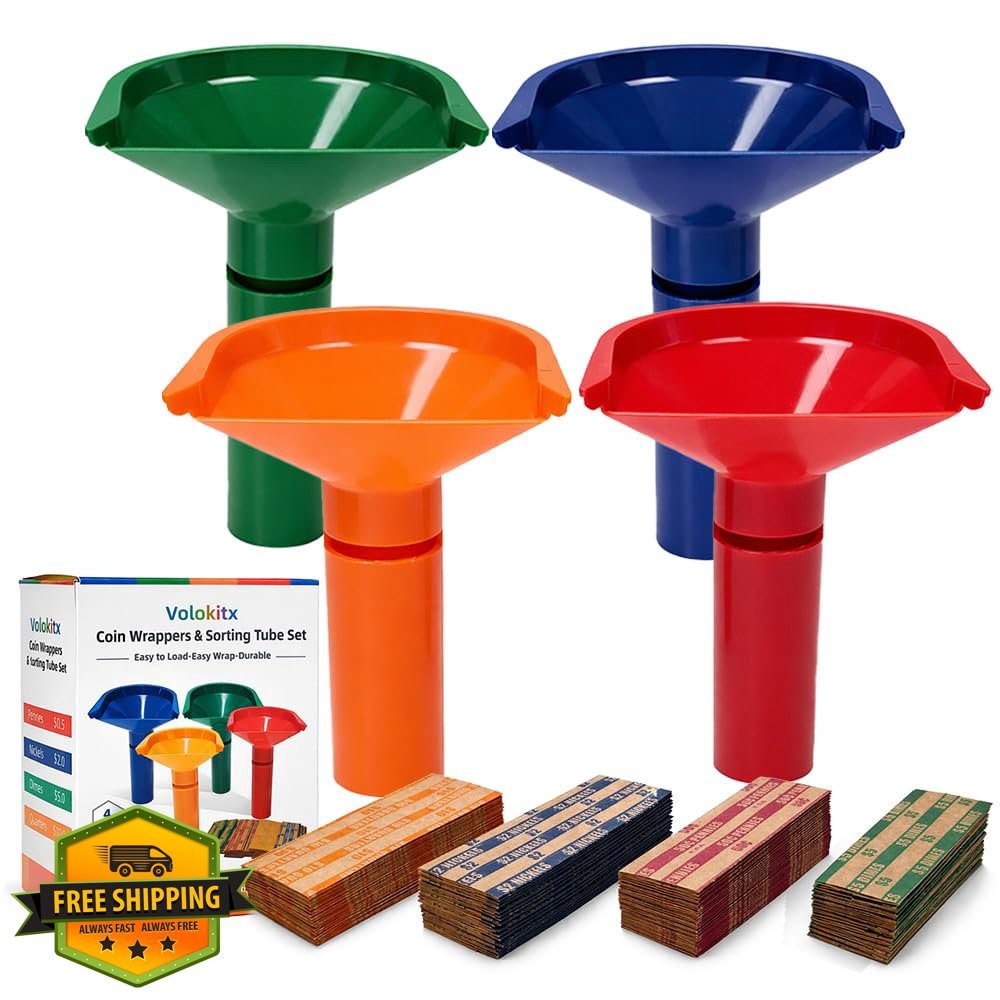 Volokitx Coin Sorter Tubes 4 Pack Wrappers 200 ABA Color Coded Set