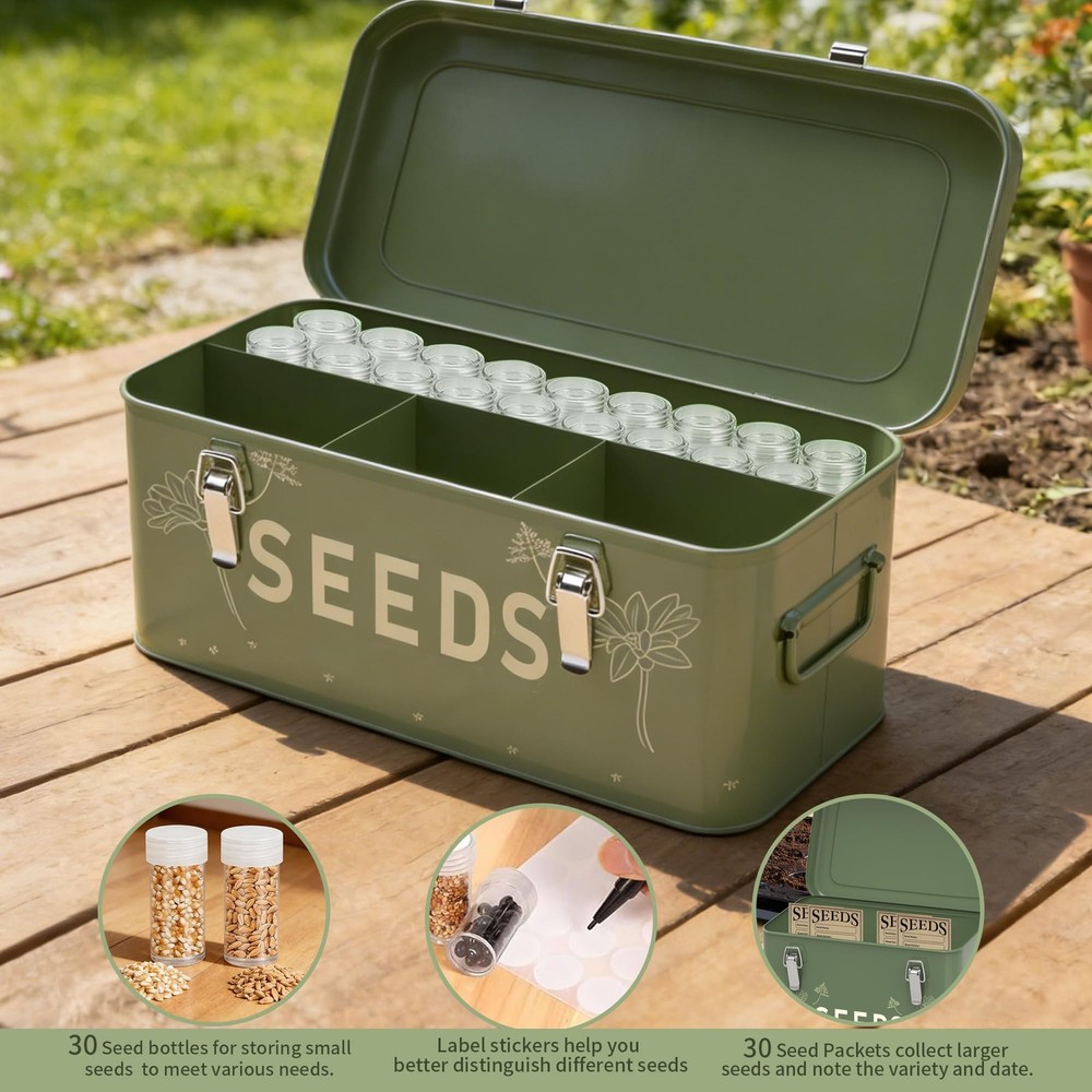 Metal Seed Storage Organizer 30 Bottles 4 Compartment Locking Box