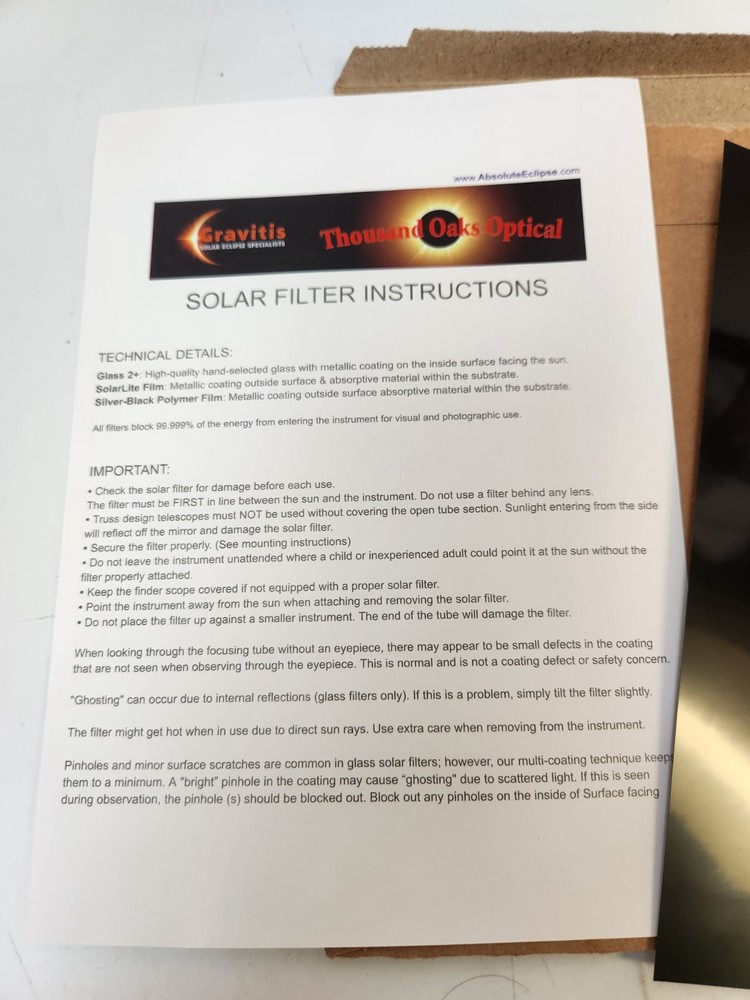 8"X8" Solar Filter Sheet for Telescopes, Binoculars and Cameras